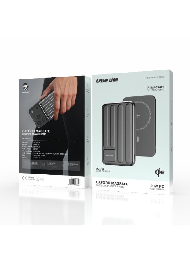 GREEN LION 5000mAh Oxford Mag Safe Power Bank, Ultra Slim Design Compatible with MagSafe & Qi2 Technology, 20W PD Fast Charging, 15W Wireless Charging, Flight Approved, Compact & Slim Design PowerBank Compatible with iPhone 14/15/16/17 Series and Android Smart Phones - Grey - Image 3