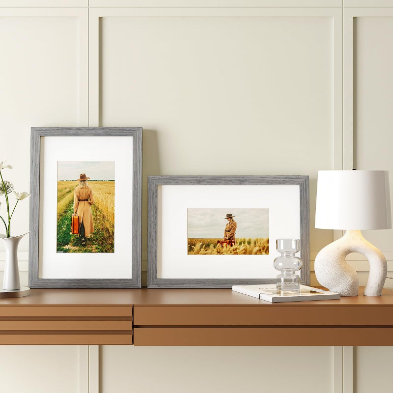 Egofine 8x12 Picture Frames Set of 4  Made of Solid Wood Covered by Plexiglass 5x7 and 6x8 with Mat or 8x12 without Mat  for Table Top Display and Wall Mounting Photo Frame Light Grey - Image 5
