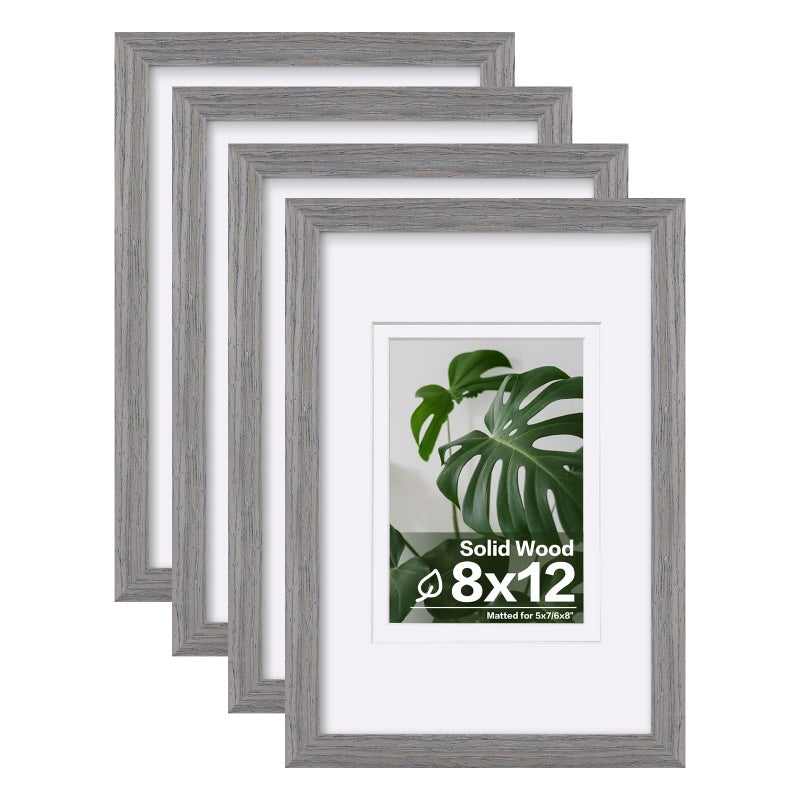 Egofine 8x12 Picture Frames Set of 4  Made of Solid Wood Covered by Plexiglass 5x7 and 6x8 with Mat or 8x12 without Mat  for Table Top Display and Wall Mounting Photo Frame Light Grey - Image 1