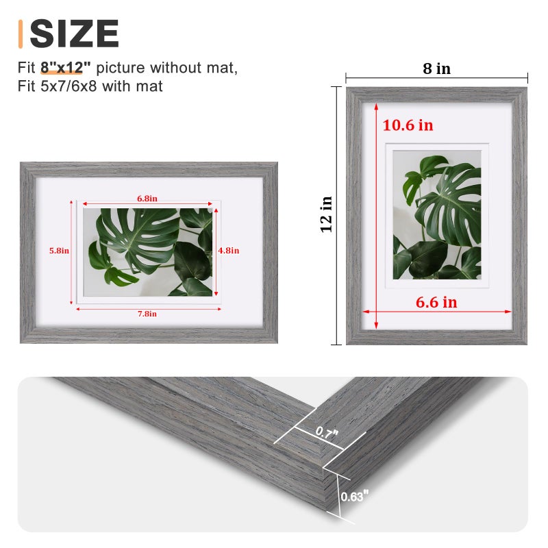 Egofine 8x12 Picture Frames Set of 4  Made of Solid Wood Covered by Plexiglass 5x7 and 6x8 with Mat or 8x12 without Mat  for Table Top Display and Wall Mounting Photo Frame Light Grey - Image 3
