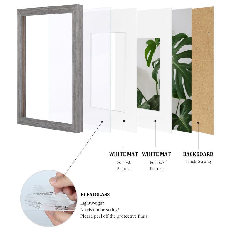 Egofine 8x12 Picture Frames Set of 4  Made of Solid Wood Covered by Plexiglass 5x7 and 6x8 with Mat or 8x12 without Mat  for Table Top Display and Wall Mounting Photo Frame Light Grey - Image 4