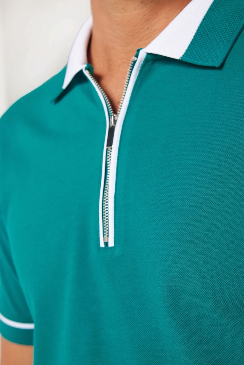 Tudors Men's Slim Fit Slim Cut 100% Cotton Plain Pique Zippered Green Polo Neck T-Shirt