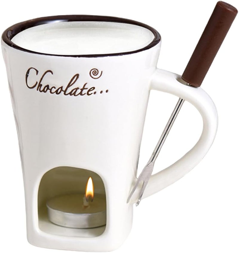 Beige Chocolate Fondue Mug With Fork Portable Pot For Sauce Cheese Dessert Candy Caramel - Image 2