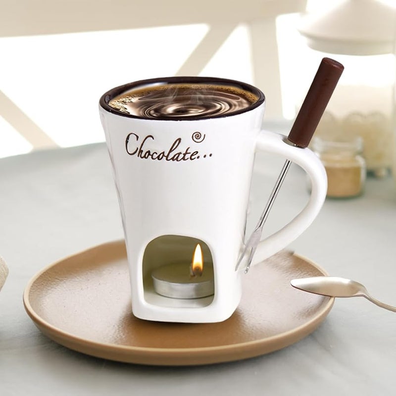 Beige Chocolate Fondue Mug With Fork Portable Pot For Sauce Cheese Dessert Candy Caramel - Image 3