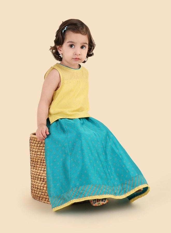 Fabindia Teal Cotton Silk Hand Block Printed 2Pc Lehenga Set - Image 4