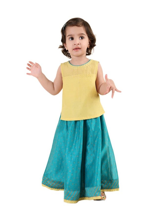 Fabindia Teal Cotton Silk Hand Block Printed 2Pc Lehenga Set - Image 1