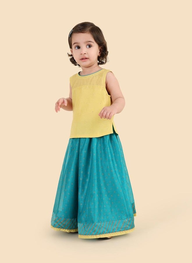 Fabindia Teal Cotton Silk Hand Block Printed 2Pc Lehenga Set - Image 2