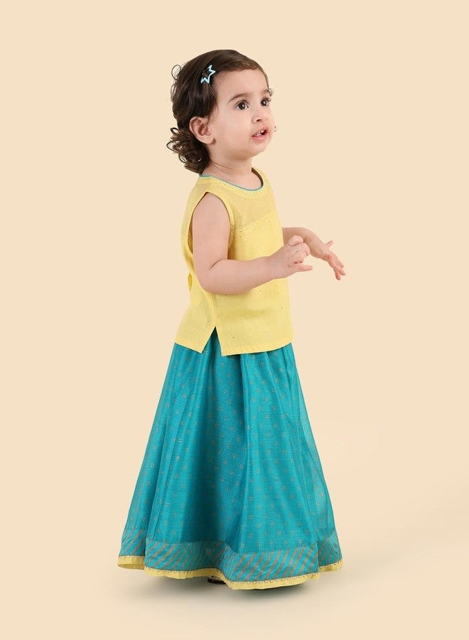 Fabindia Teal Cotton Silk Hand Block Printed 2Pc Lehenga Set - Image 3