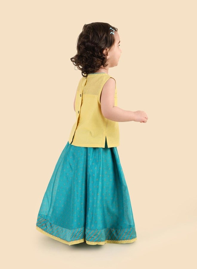 Fabindia Teal Cotton Silk Hand Block Printed 2Pc Lehenga Set - Image 5
