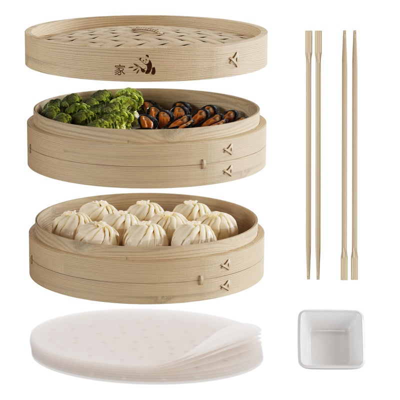 Prime Home Direct Prime Home Direct Bamboo Steamer Basket 12Inch  2Tier Steamer for Cooking  50 Liners Chopsticks Sauce Dish  Steaming Asian Food Bao Buns Chinese Dim Sum Dumpling Rice Vegetable Steam Pot