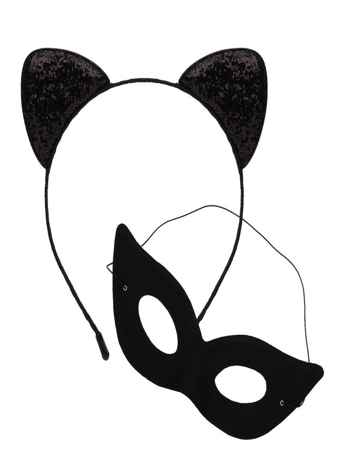 ACO-UINT Cat Ears Headband and Mask Set, Black Cat Hairband Mask Costume Birthday Party Decoration, Party Favors Halloween Accessories for Adult - Image 1
