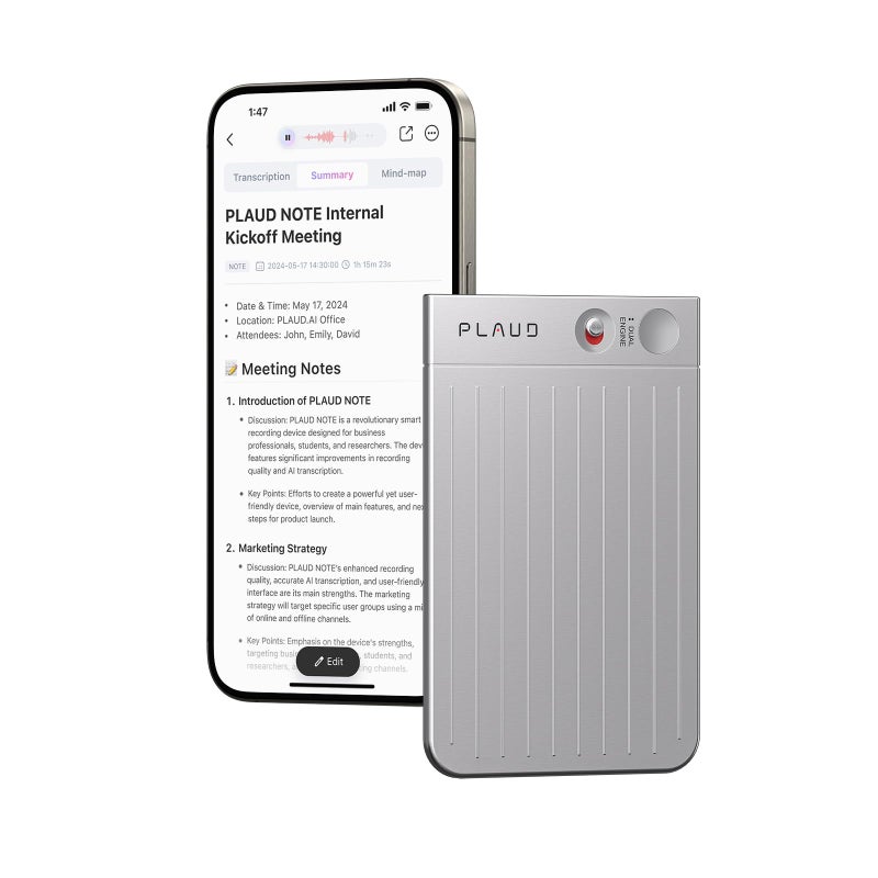 PLAUD AI Voice Recorder, PLAUD Note Voice Recorder w/Case, App Control, Transcribe & Summarize with AI Technology, Support 112 Languages, 64GB Memory, Audio Recorder for Lectures, Meetings, Calls, Silver - Image 1