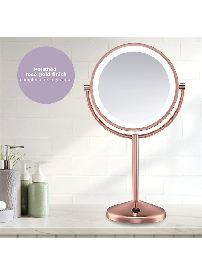 CONAIR مرآة مكياج مضاءة - مرآة مع تكبير، مرآة تجميل LED، مرآة تكبير 1X/10X، مرآة مزدوجة الجوانب، تعمل بالبطارية باللون الوردي الذهبي - Image 5