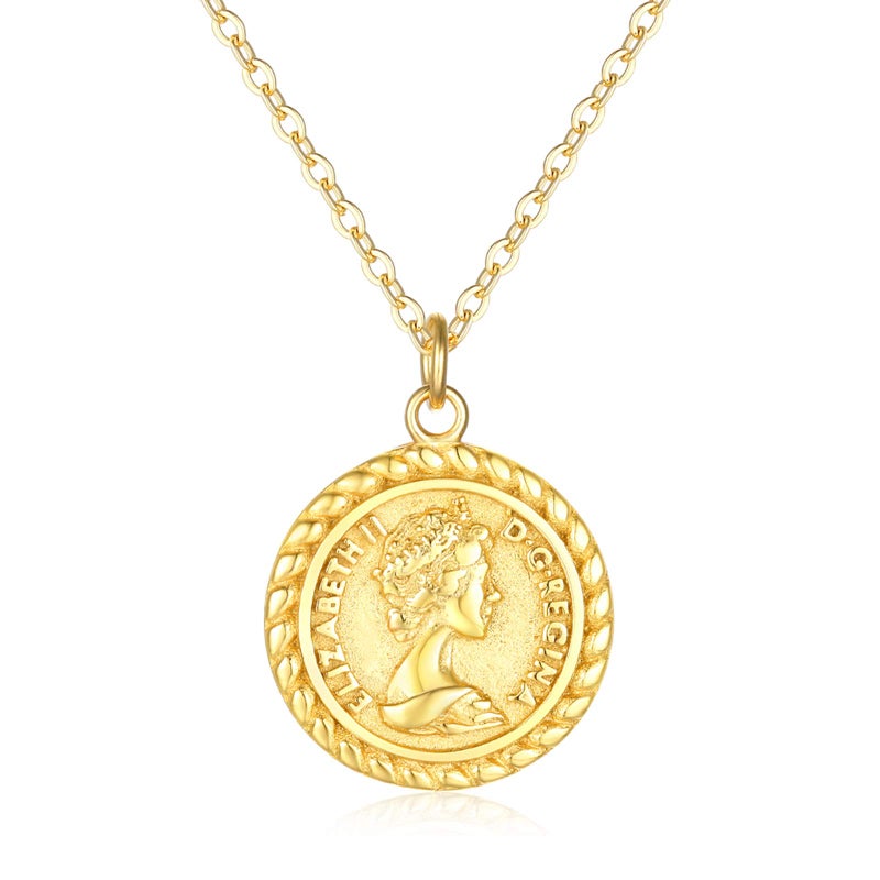 VACRONA Coin Necklace for Women 18k Gold Plated Vintage Coin Round Pendant Necklace Gold Circle Disk Medal Textured Medallion Protection Dainty Jewelry Gift for Her - Image 1
