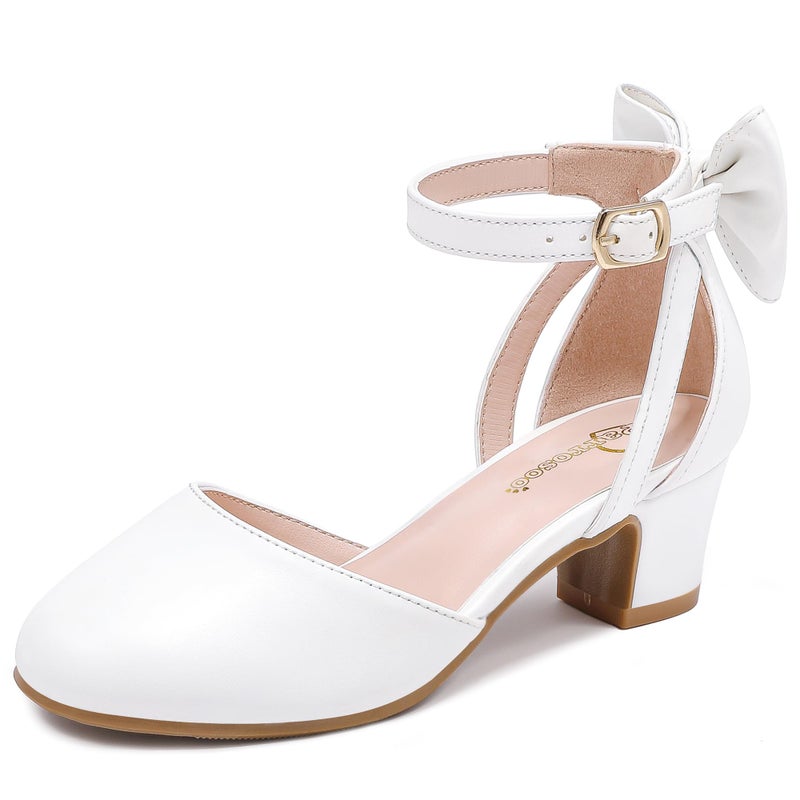 Parrosoo Flower Girl Shoes Dress High Heels for Kids Pump Shoes Little Kid with Cute Bow Little Girls Size 13 Princess Closed Toe Wide Mary Jane Wedding Church School Party Formal (8801 White 13) - Image 1