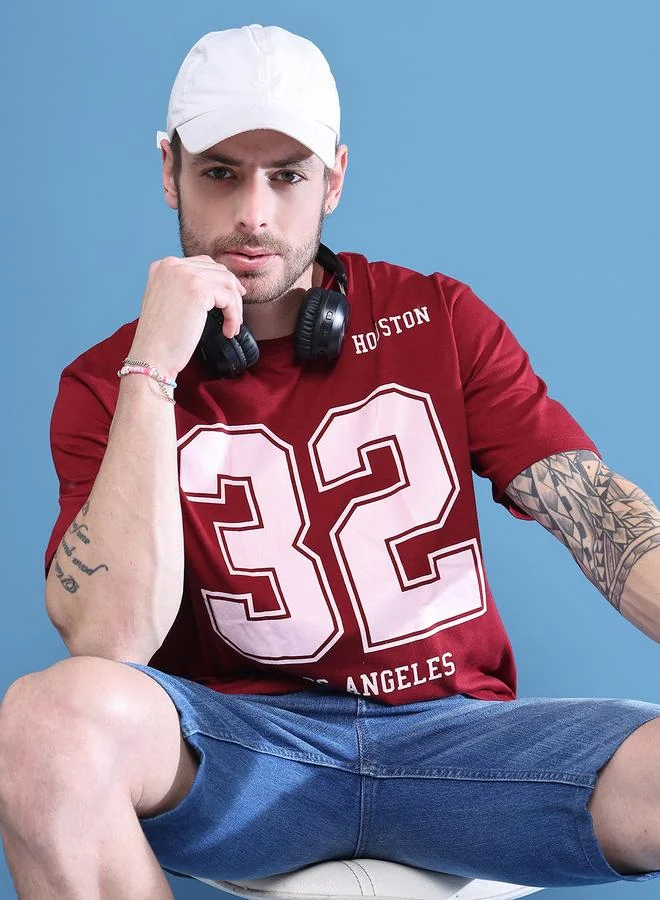 Styli Men Maroon Graphic Print Oversized T-Shirt By Door74