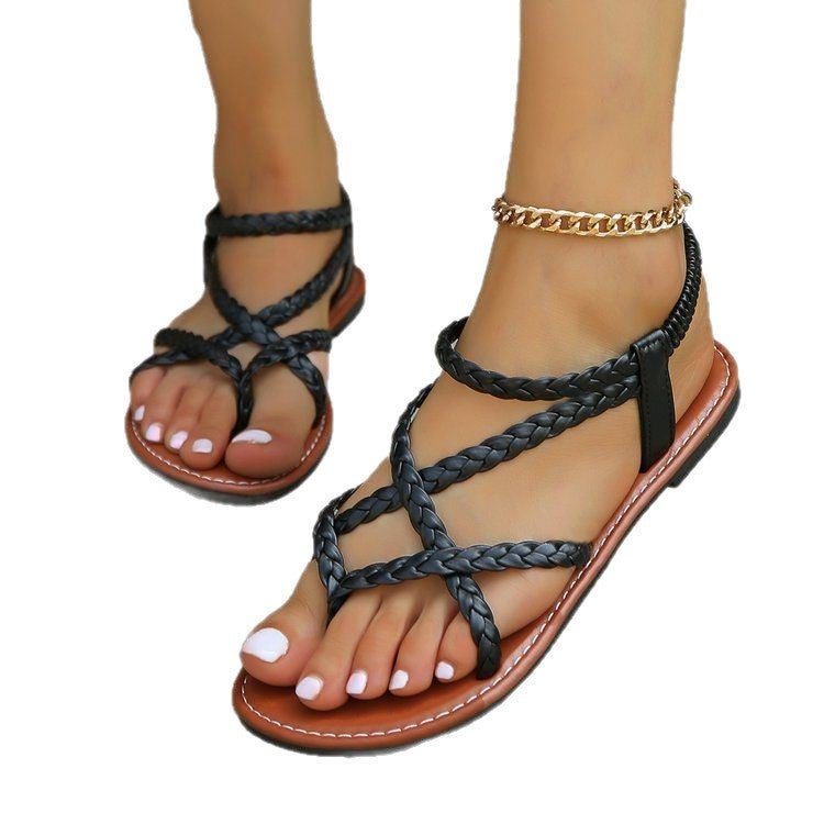 Women's Flat Sandals with Toe Loop, Woven Slip-on, Beach Sandals - Image 5