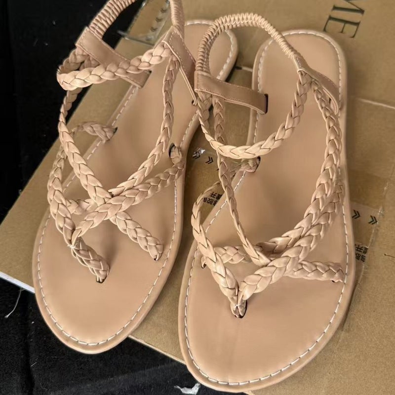 Women's Flat Sandals with Toe Loop, Woven Slip-on, Beach Sandals - Image 1