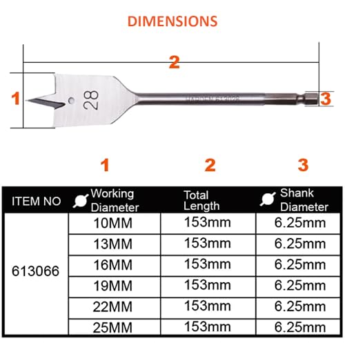 Harden 6Pcs Flat Wood Spade Drill Bit Set for Drilling Hole in Wood - 613066 - Image 2
