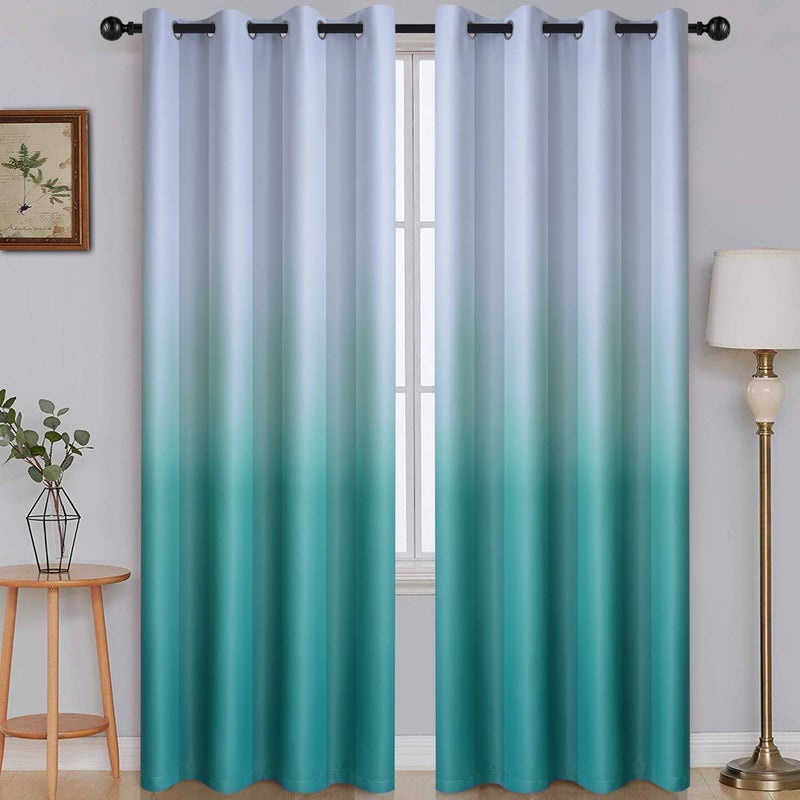 SimpleHome Ombre Room Darkening Curtains for Bedroom Light Blocking Gradient Grey White to Teal Thermal Insulated Grommet Window CurtainsDrapes for Living Room2 Panels 52x84 inches Length