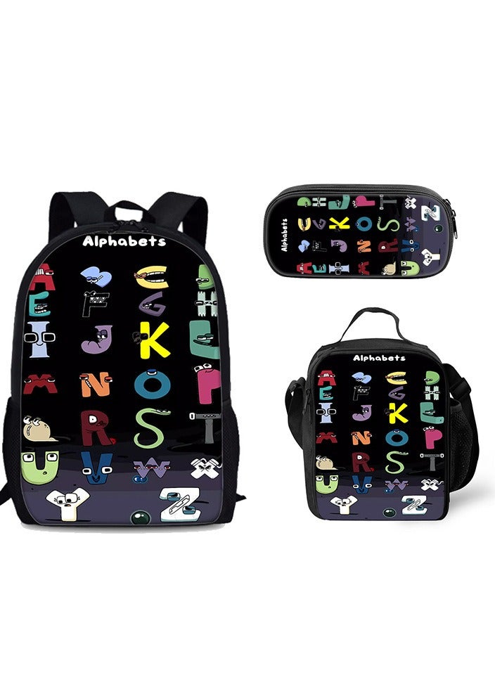 Alphabet Lore Children Backpack Daypack Schoolbag Teen Boys School Book bag with Lunch Box Pen Case 3 in 1