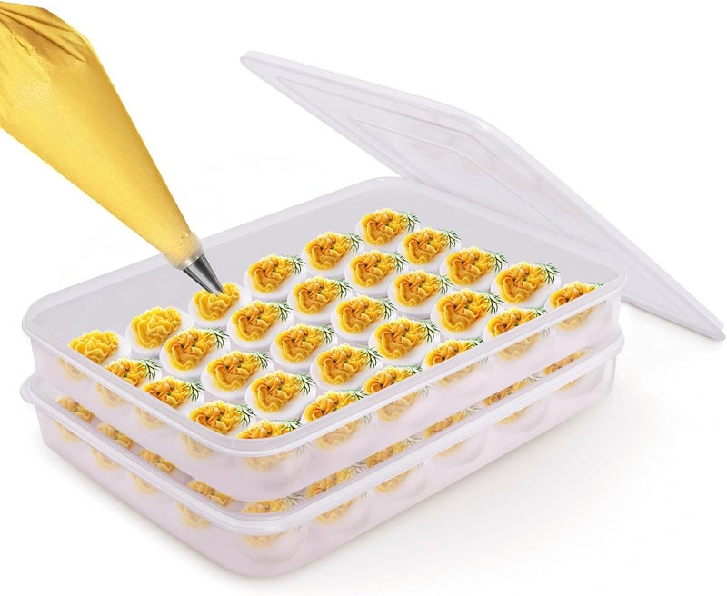 77L Deviled Egg Containers with Lid, (Set of 2), Plastic Deviled Egg Carrier Tray for 60 Eggs, Clear Storage Egg Holder for Refrigerator, Fridge Stackable Countertop Portable Egg Dispenser - Image 1