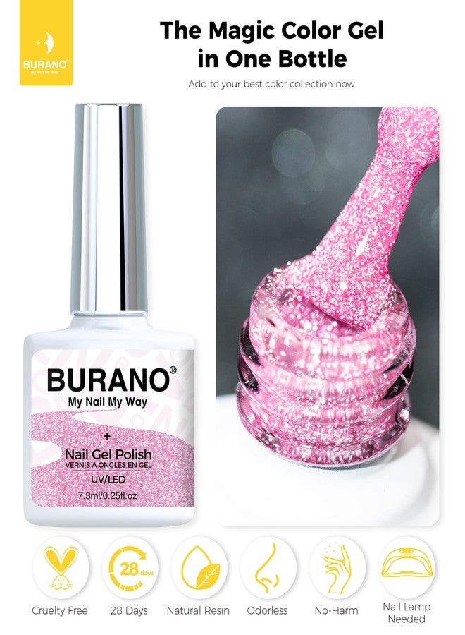 BURANO Pink Reflective Glitter Gel Nail Polish, UV LED 7.3ml Sparkle Nail Polish Holographic Glitter Gel Curing Need for DIY Home S21 - Image 3