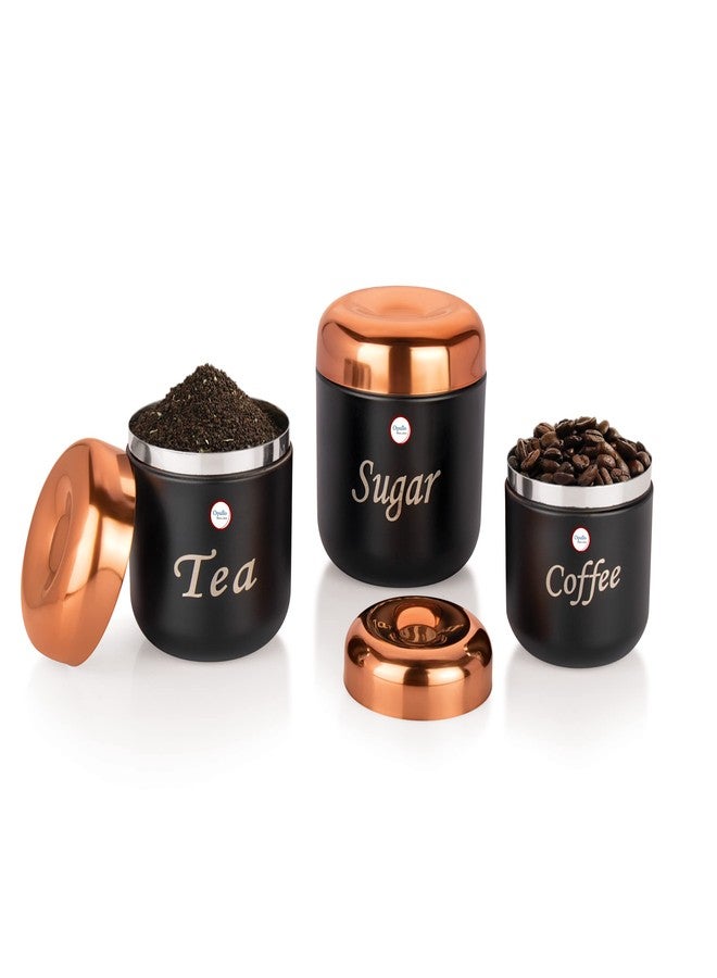 Opullo Mother's Choice Black Apple Shape Stainless Steel Tea Coffee Sugar Containers Set of 3 (350 Gms, 500 Gms, 750 Gms) - Airtight, Rust Free, BPA Free - Image 1