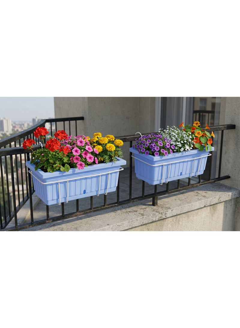 Rectangular Hanging Planter with Metal Stand for Balcony and Garden - Planting Pot for Flowers, Herbs and Ornamental Plants -  40*20 - Light Blue - Image 2