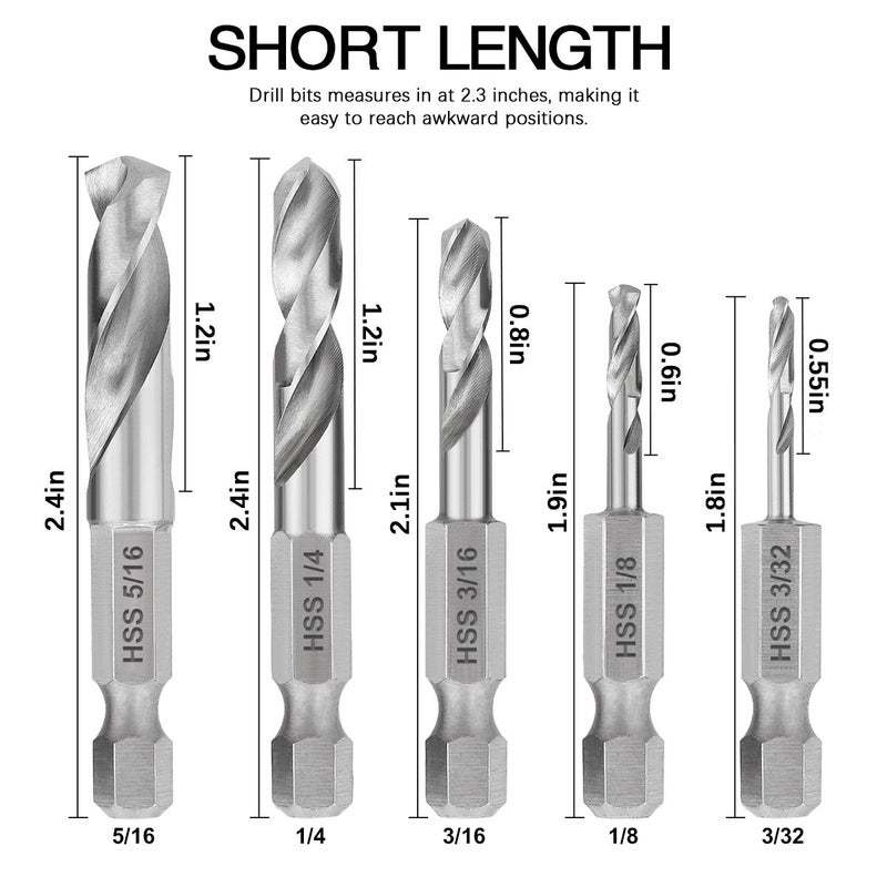 COMOWARE Stubby Drill Bit Set for Metal, 5pcs HSS M2 Short Length Drill Bit with 1/4-Inch Quick Change Hex Shank - Image 2