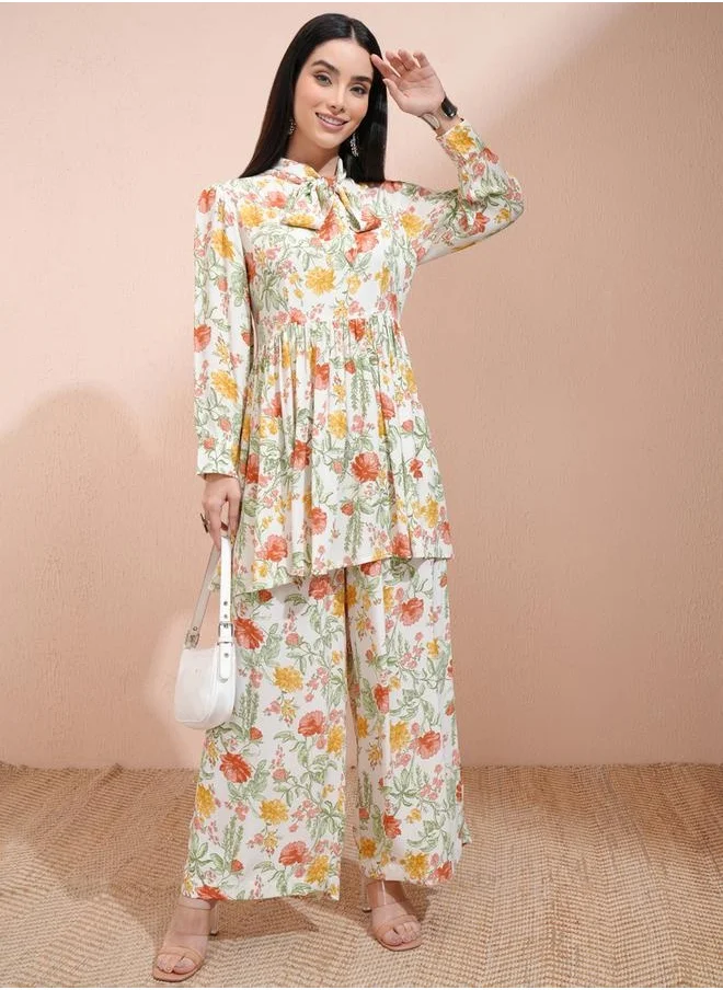 Vishudh All-Over Floral Print Tie-Up Neck Longline Tunic with Palazzo Pants Set by Styli