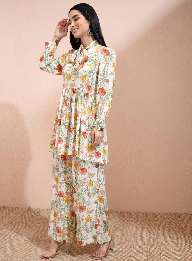 Vishudh Vishudh All-Over Floral Print Tie-Up Neck Longline Tunic with Palazzo Pants Set