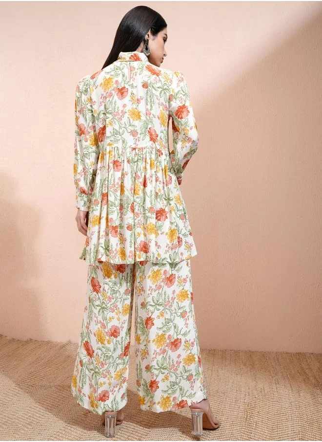 Vishudh All-Over Floral Print Tie-Up Neck Longline Tunic with Palazzo Pants Set by Styli