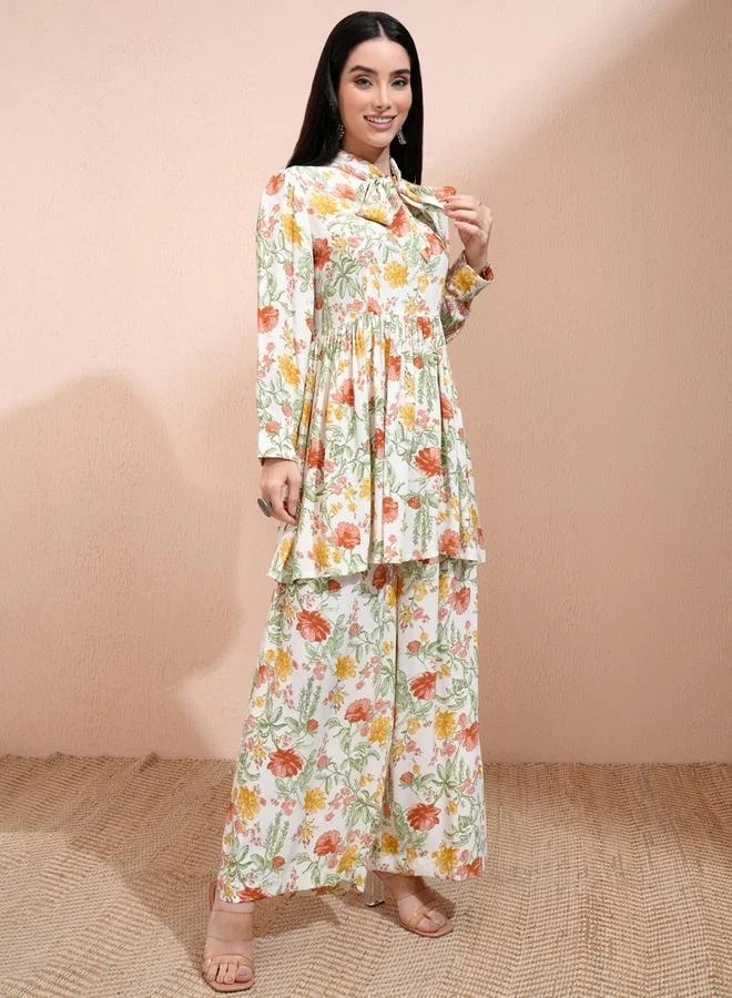Vishudh Vishudh All-Over Floral Print Tie-Up Neck Longline Tunic with Palazzo Pants Set