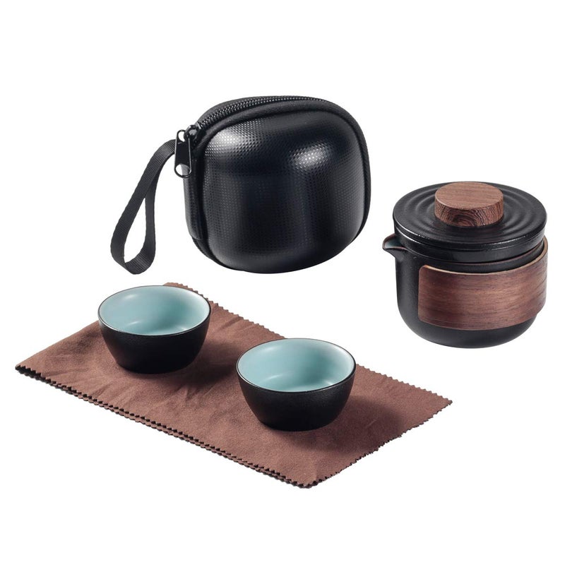 Mini Travel Ceramic Tea Pot Set Chinese Kung Fu Teapot 1 Pot 2 Cups Porcelain Teacups with Tea Infuser Portable Bag for Outdoor Picnic Black