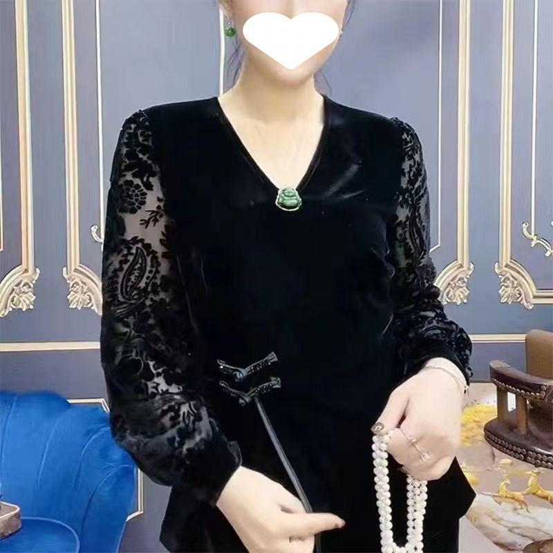 قميص أساسي بأكمام طويلة للأمهات مزين بأزرار دانتيل بأسلوب صيني جديد قميص صغير بأسلوب غربي نحيف مقاس زائد قمة مخملية - Image 5