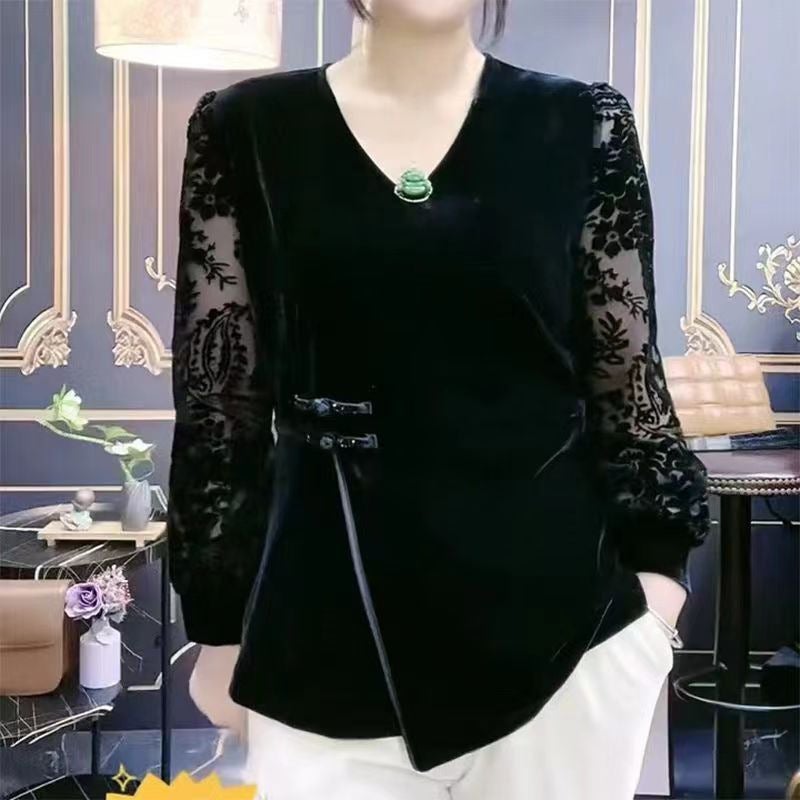 قميص أساسي بأكمام طويلة للأمهات مزين بأزرار دانتيل بأسلوب صيني جديد قميص صغير بأسلوب غربي نحيف مقاس زائد قمة مخملية - Image 3