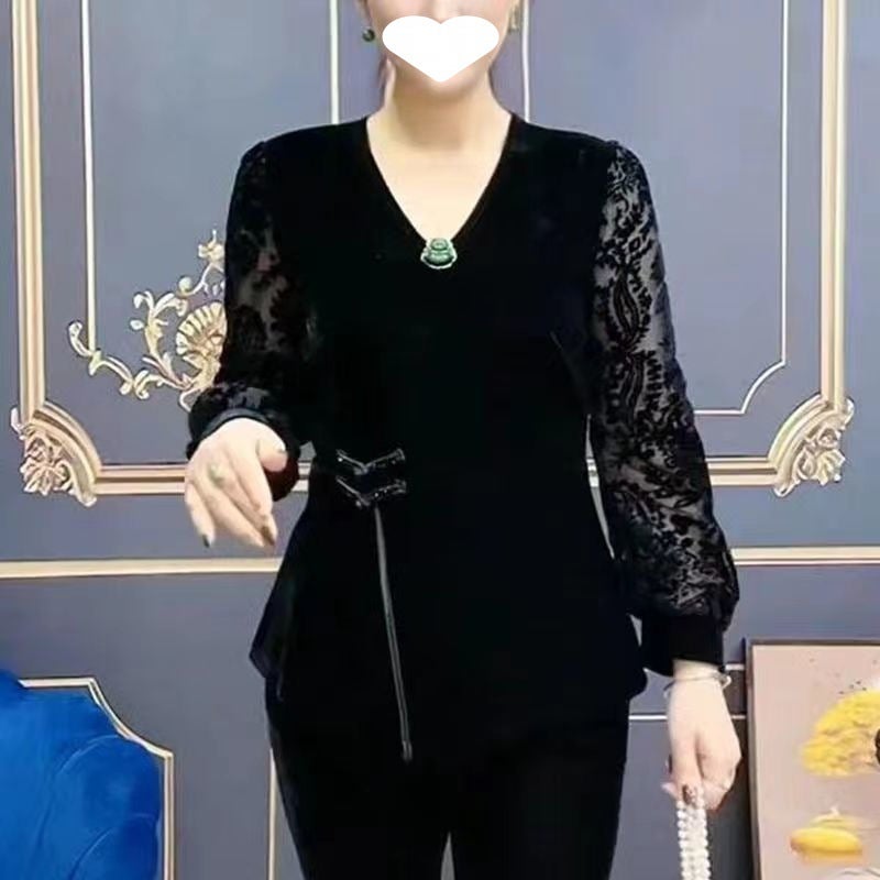 قميص أساسي بأكمام طويلة للأمهات مزين بأزرار دانتيل بأسلوب صيني جديد قميص صغير بأسلوب غربي نحيف مقاس زائد قمة مخملية - Image 2