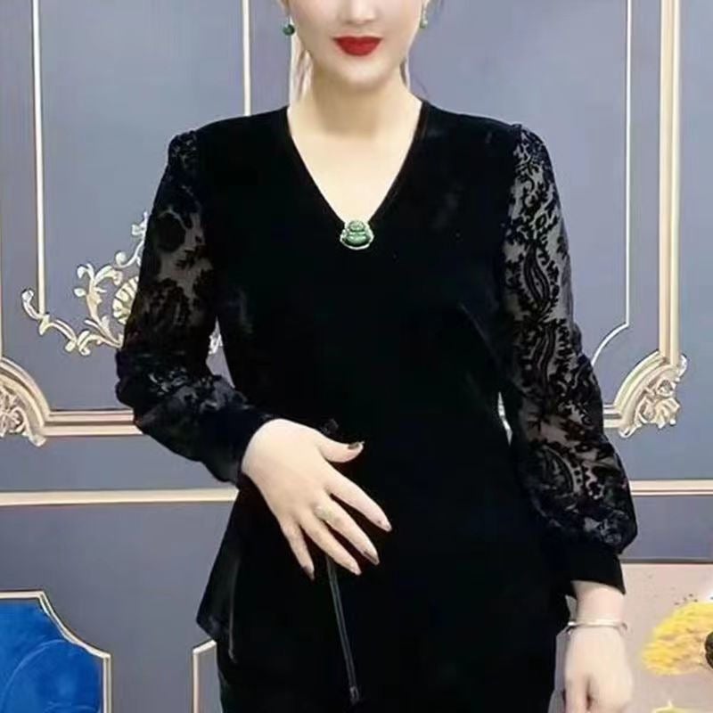 قميص أساسي بأكمام طويلة للأمهات مزين بأزرار دانتيل بأسلوب صيني جديد قميص صغير بأسلوب غربي نحيف مقاس زائد قمة مخملية - Image 4