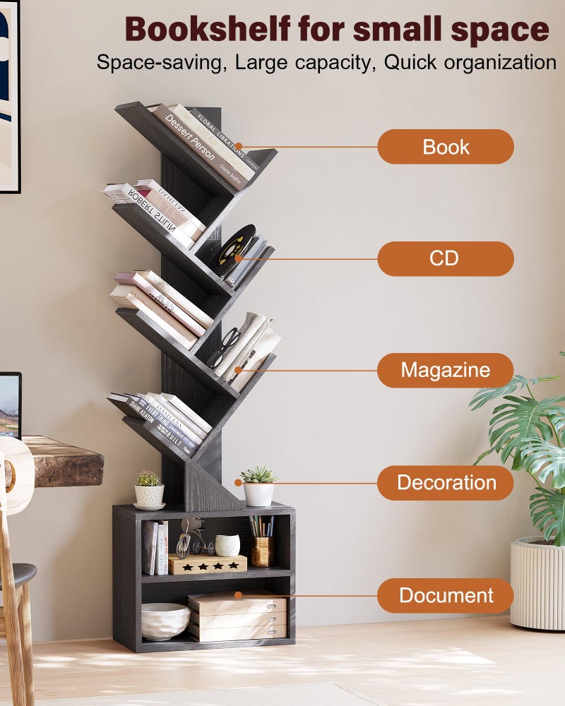 SUNMORY 6 Tier Tree Bookshelf, Small Bookcase with Storage Cabinet, Modern Narrow Bookshelves Organizer, Floor Standing Book Shelf for Bedroom/Living Room/Home Office/Corner, Black - Image 2