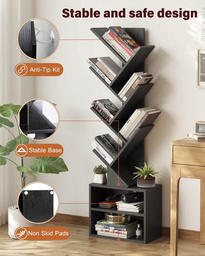 SUNMORY 6 Tier Tree Bookshelf, Small Bookcase with Storage Cabinet, Modern Narrow Bookshelves Organizer, Floor Standing Book Shelf for Bedroom/Living Room/Home Office/Corner, Black - Image 4