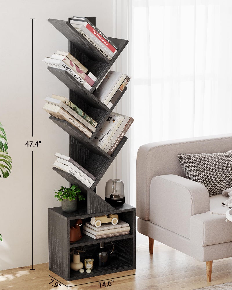 SUNMORY 6 Tier Tree Bookshelf, Small Bookcase with Storage Cabinet, Modern Narrow Bookshelves Organizer, Floor Standing Book Shelf for Bedroom/Living Room/Home Office/Corner, Black - Image 5