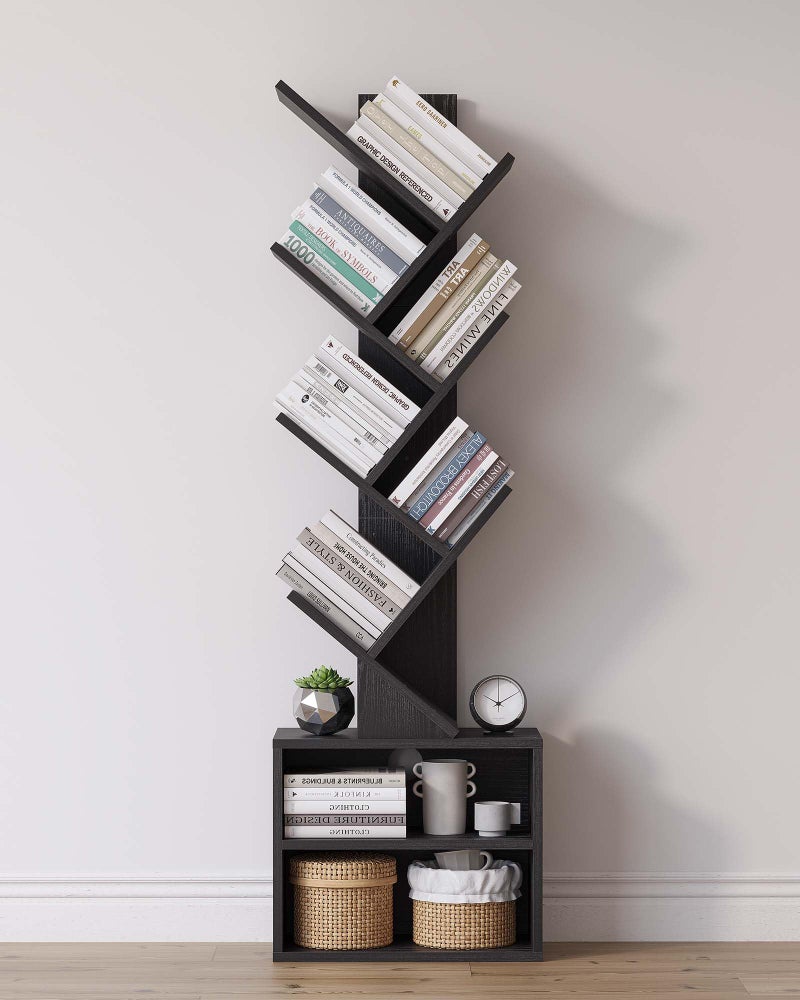 SUNMORY 6 Tier Tree Bookshelf, Small Bookcase with Storage Cabinet, Modern Narrow Bookshelves Organizer, Floor Standing Book Shelf for Bedroom/Living Room/Home Office/Corner, Black - Image 1