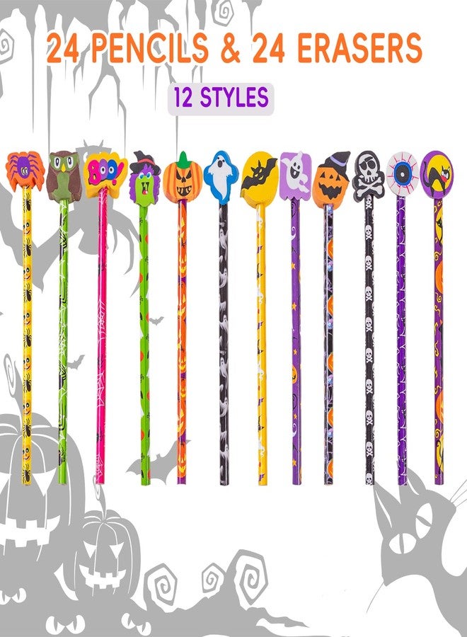 Jocomoni 24 Pieces Halloween Pencils Ghost Pumpkin Wood Pencils with Giant Spider Bat Wizard Pumpkin Cat Eraser Assorted Designs Halloween Stationery Pencil for Halloween Trick or Treat Gift Prize Party Favor - Image 3