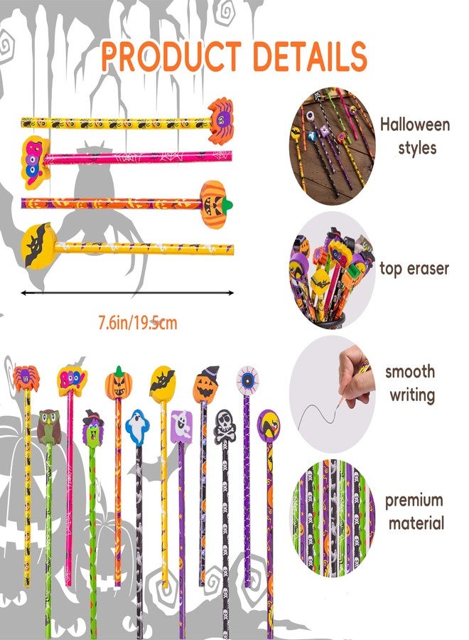 Jocomoni 24 Pieces Halloween Pencils Ghost Pumpkin Wood Pencils with Giant Spider Bat Wizard Pumpkin Cat Eraser Assorted Designs Halloween Stationery Pencil for Halloween Trick or Treat Gift Prize Party Favor - Image 2