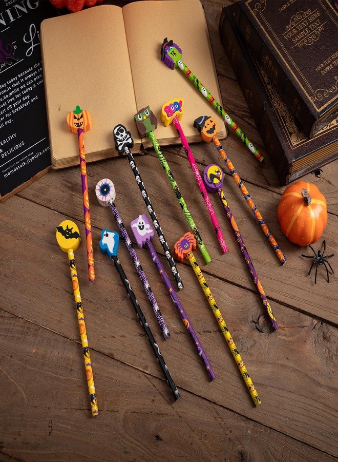 Jocomoni 24 Pieces Halloween Pencils Ghost Pumpkin Wood Pencils with Giant Spider Bat Wizard Pumpkin Cat Eraser Assorted Designs Halloween Stationery Pencil for Halloween Trick or Treat Gift Prize Party Favor - Image 5