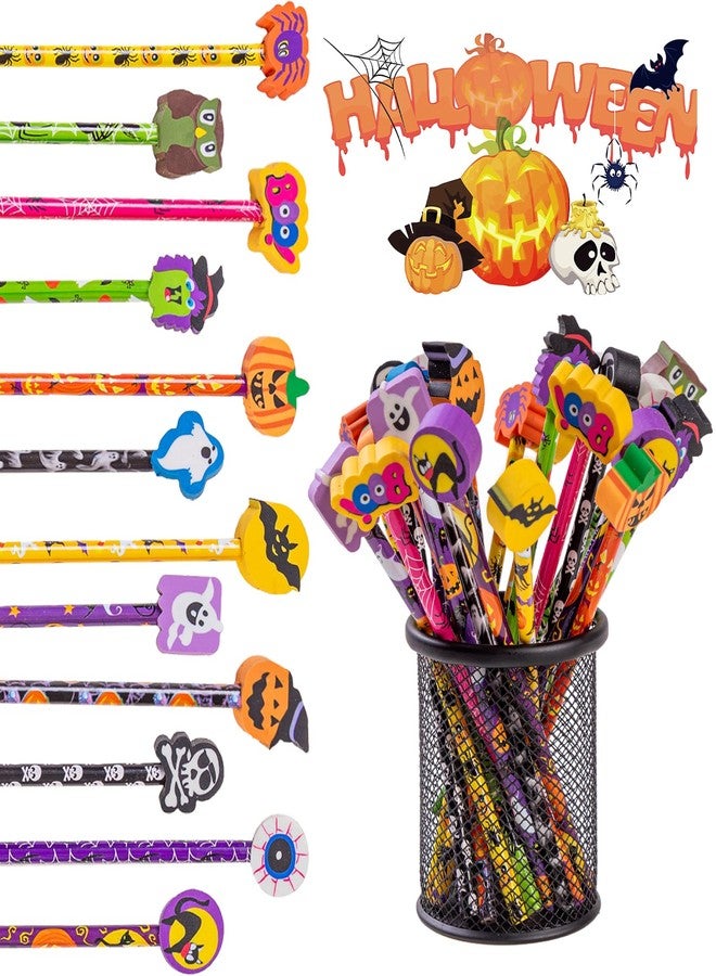 Jocomoni 24 Pieces Halloween Pencils Ghost Pumpkin Wood Pencils with Giant Spider Bat Wizard Pumpkin Cat Eraser Assorted Designs Halloween Stationery Pencil for Halloween Trick or Treat Gift Prize Party Favor - Image 4