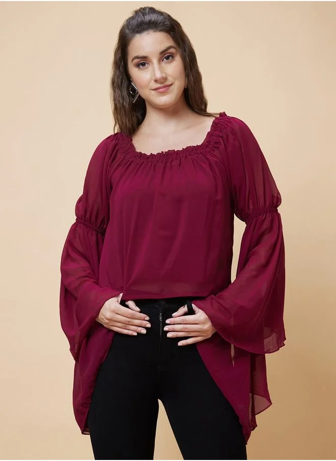 جلو باص Solid Square Neck Flared Sleeves Top by Styli