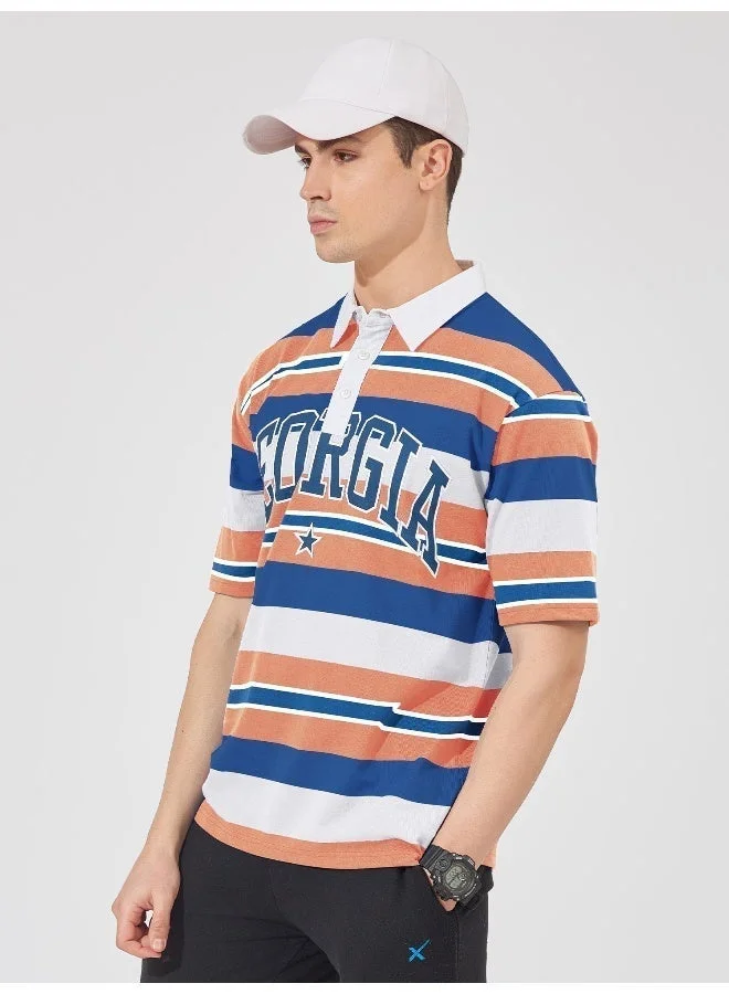 مانياك تيشيرت بولو رجالي قطن بأكمام نصفية مطبوع ومخطط باللون البرتقالي والكحلي بقصة ضيقة