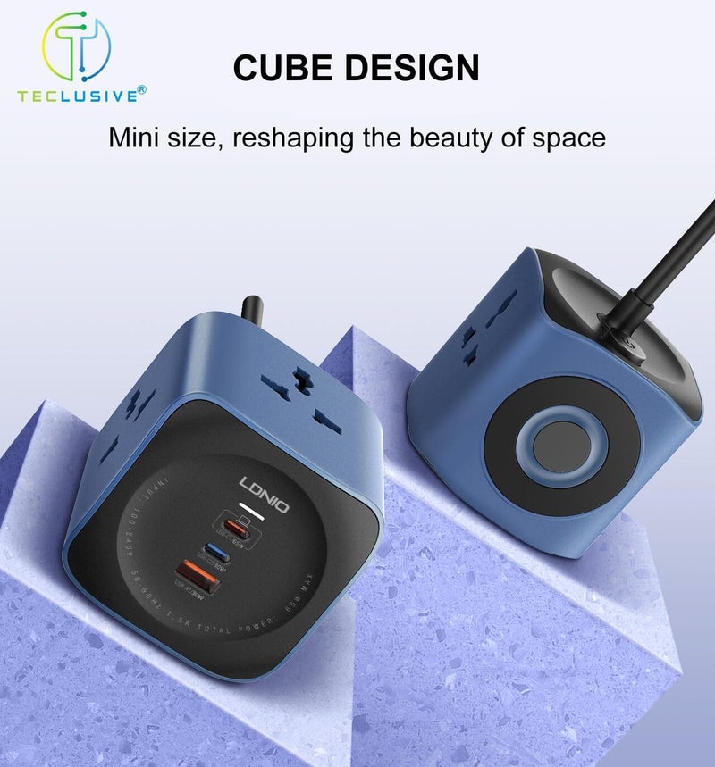 T TECLUSIVE لوحة تمديد مكعبة بقدرة 2500 واط مع منافذ USB C | 3 مقابس طاقة مع شحن فائق السرعة 65W Gan Type C USB QC PD | تمديد متعدد المنافذ | سلك طاقة 2 متر - Image 4